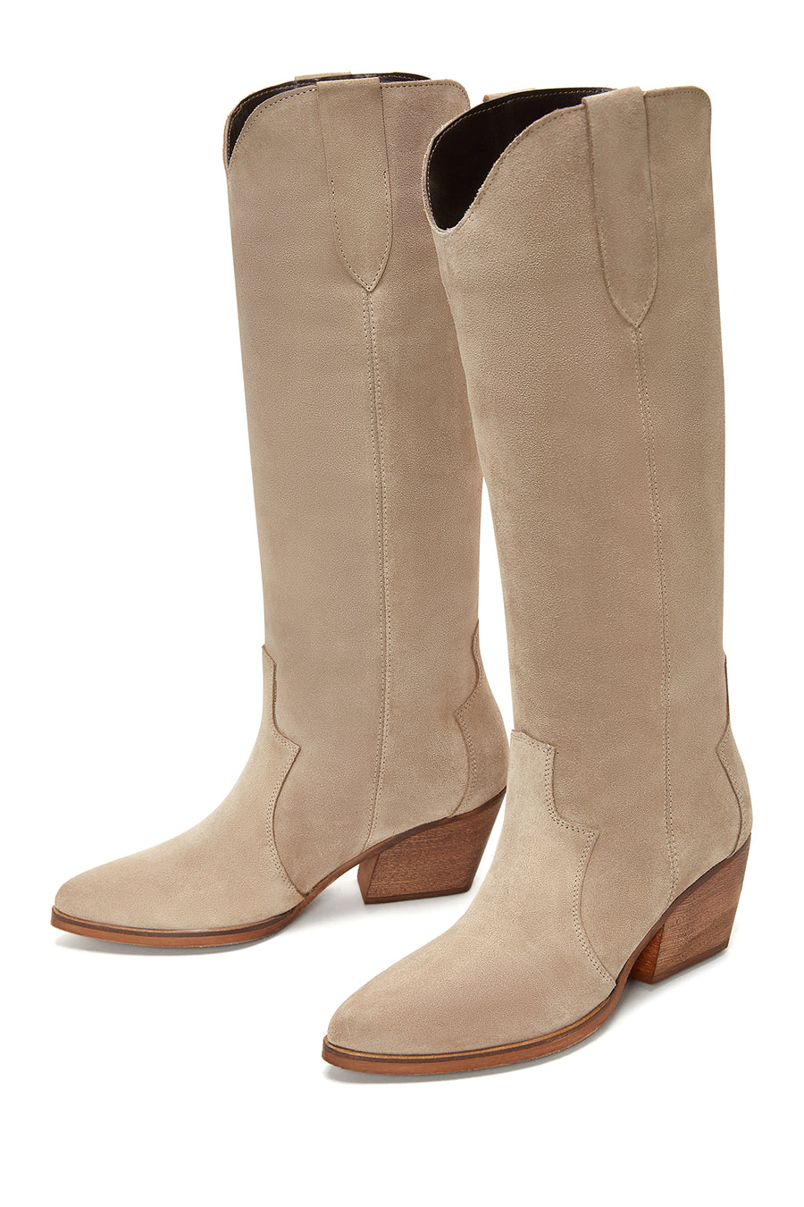 Women's Beige Suede Leather Heeled Cowboy Boots