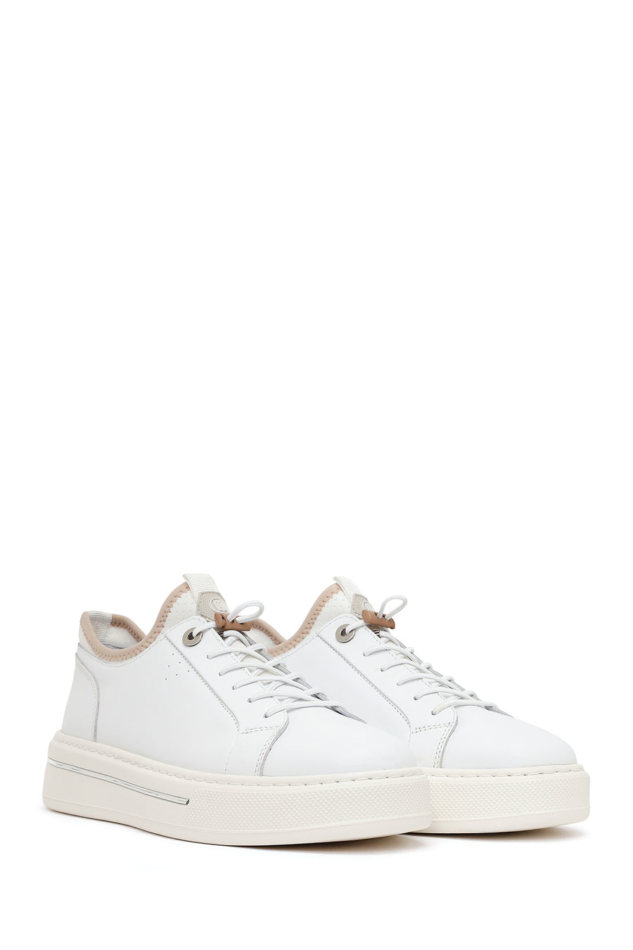 Erkek Beyaz Bağcıklı Kalın Tabanlı Deri Sneaker