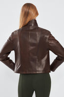 Edwina Women's Brown Leather Jacket with Removable Sleeves | Derimod