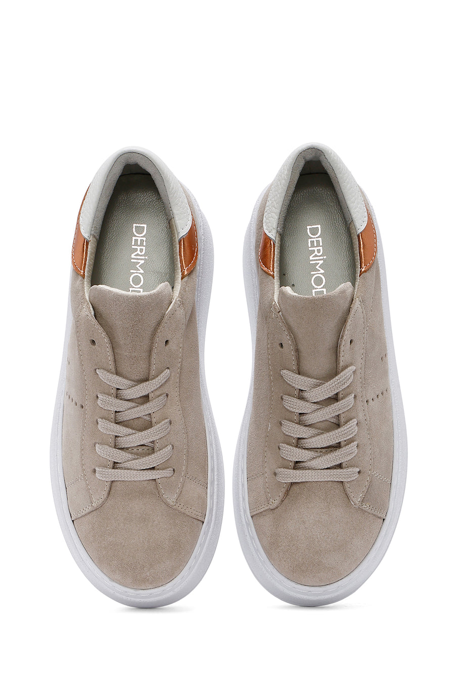 Women's Beige Lace-Up Chunky Sole Suede Leather Sneakers
