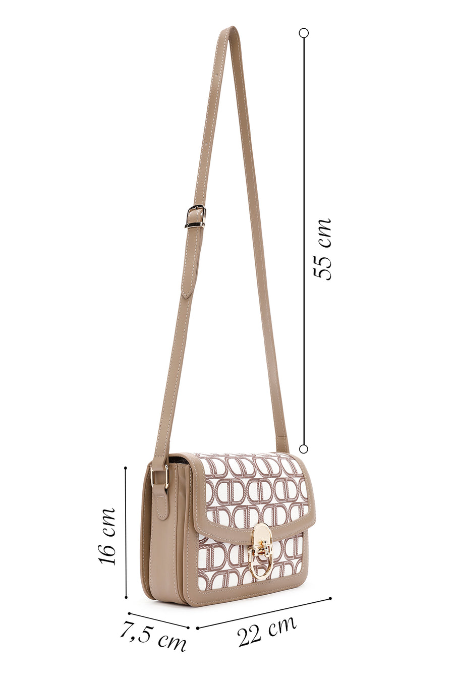 Women's Beige Long Strap Fabric Monogram Patterned Crossbody Bag