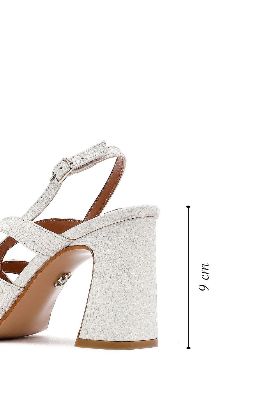 Women's Cream Ankle Buckle Patterned Thick Heel Leather Sandals