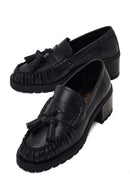 Woman Black Tassel Chunky Heeled Leather Loafer | Derimod
