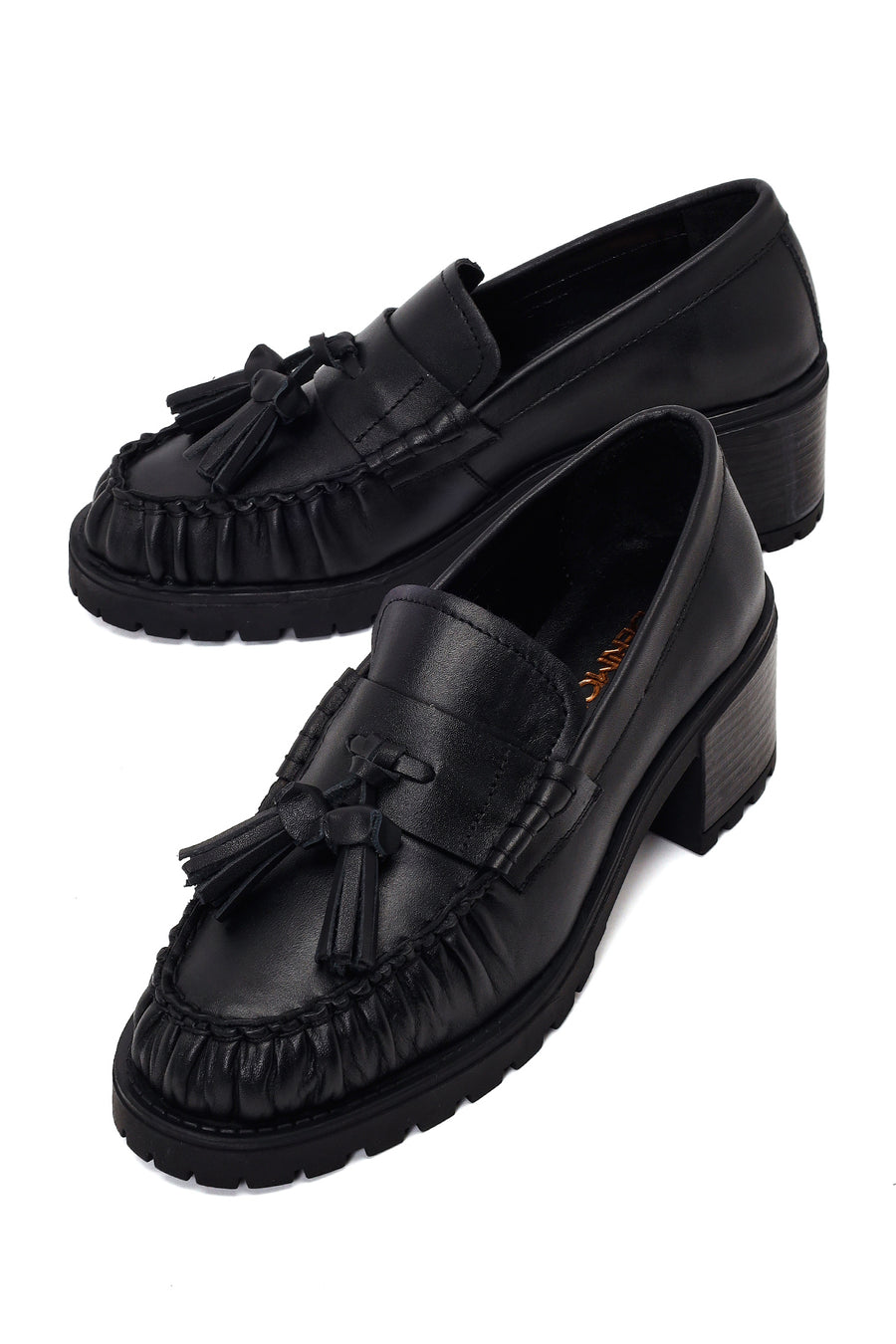 Woman Black Tassel Chunky Heeled Leather Loafer
