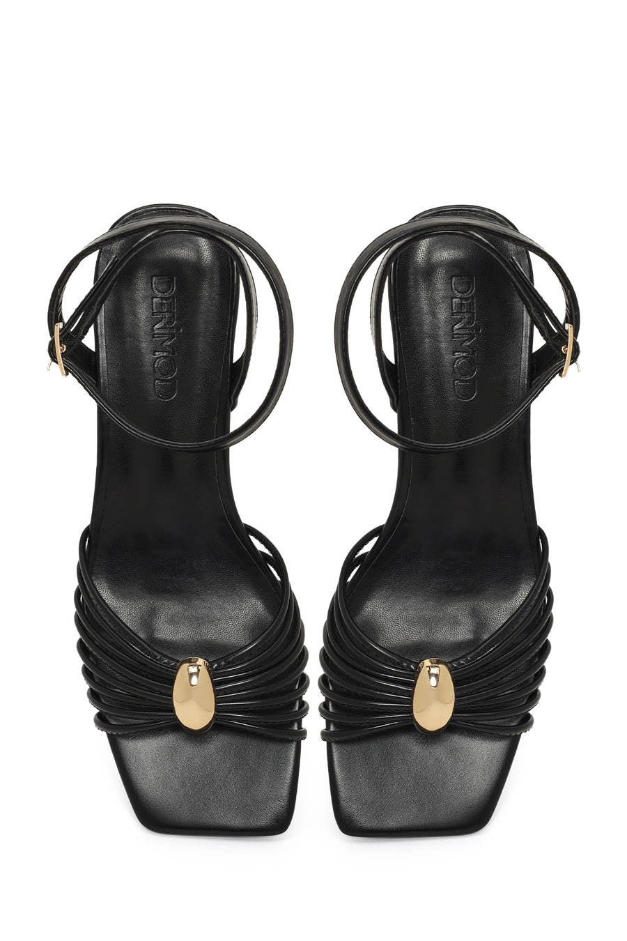 Woman Black Ankle Buckled Chunky Heeled Sandals