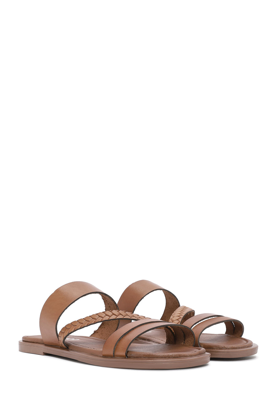 Women's Brown Knitted Detailed Leather Slippers