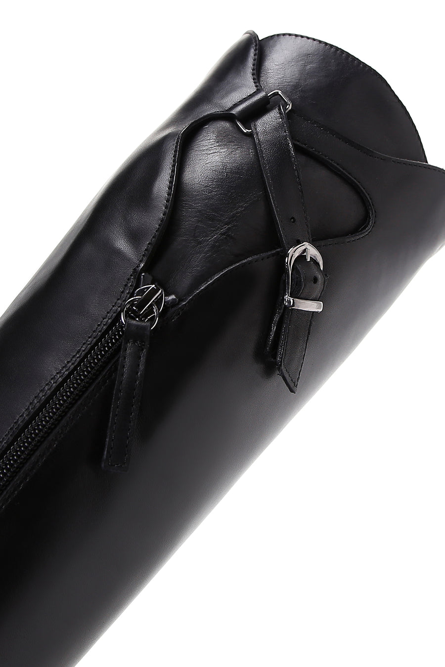 Woman Black Zippered Buckle Detail Leather Boot