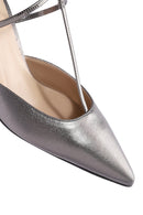 Women's Grey Ankle Strap Thin Heel Metallic Leather Shoes | Derimod