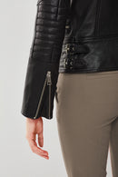 Giselle Women's Black Slim-Fit Biker Leather Jacket | Derimod