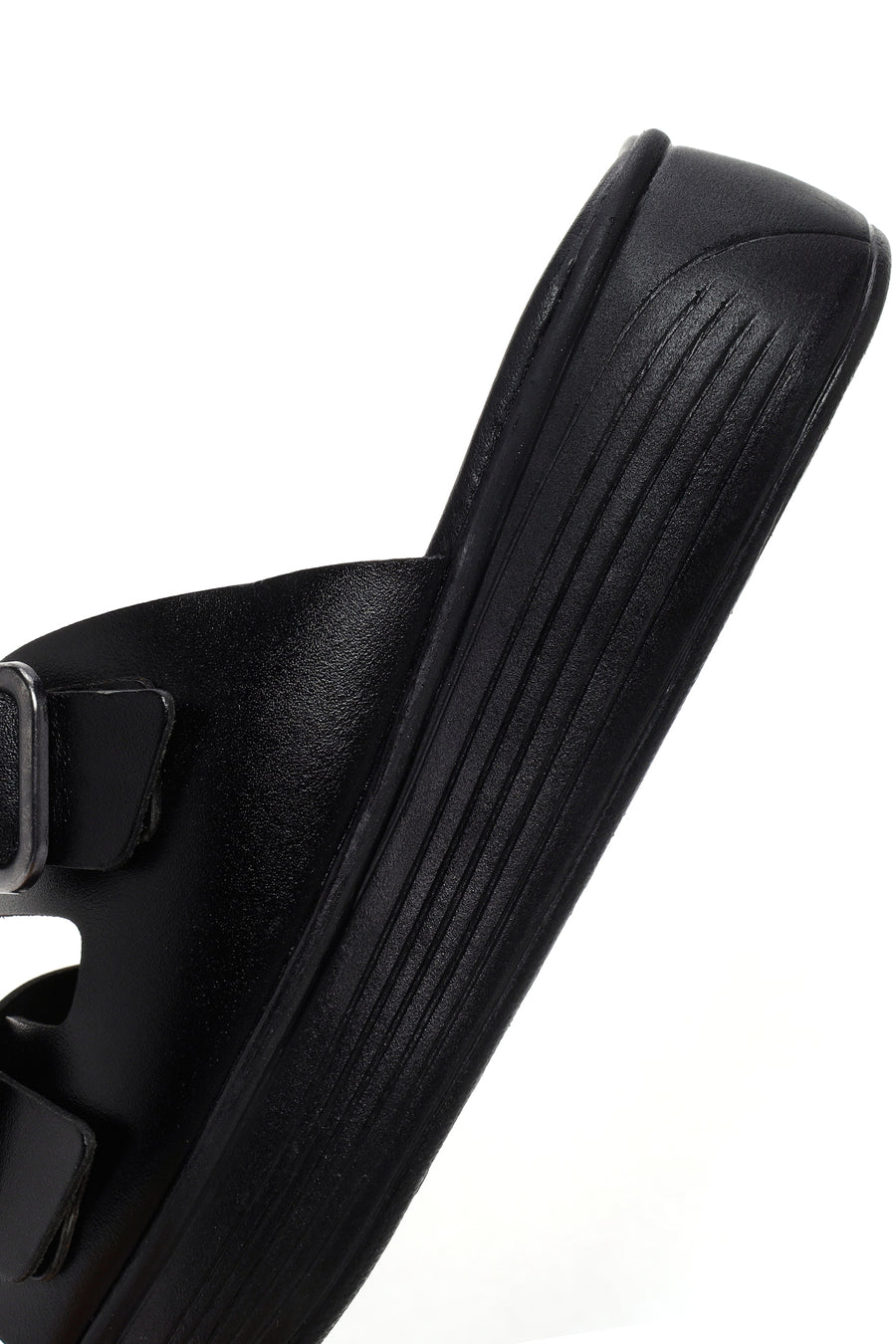 Women's Black Thick Sole Buckle Leather Slippers