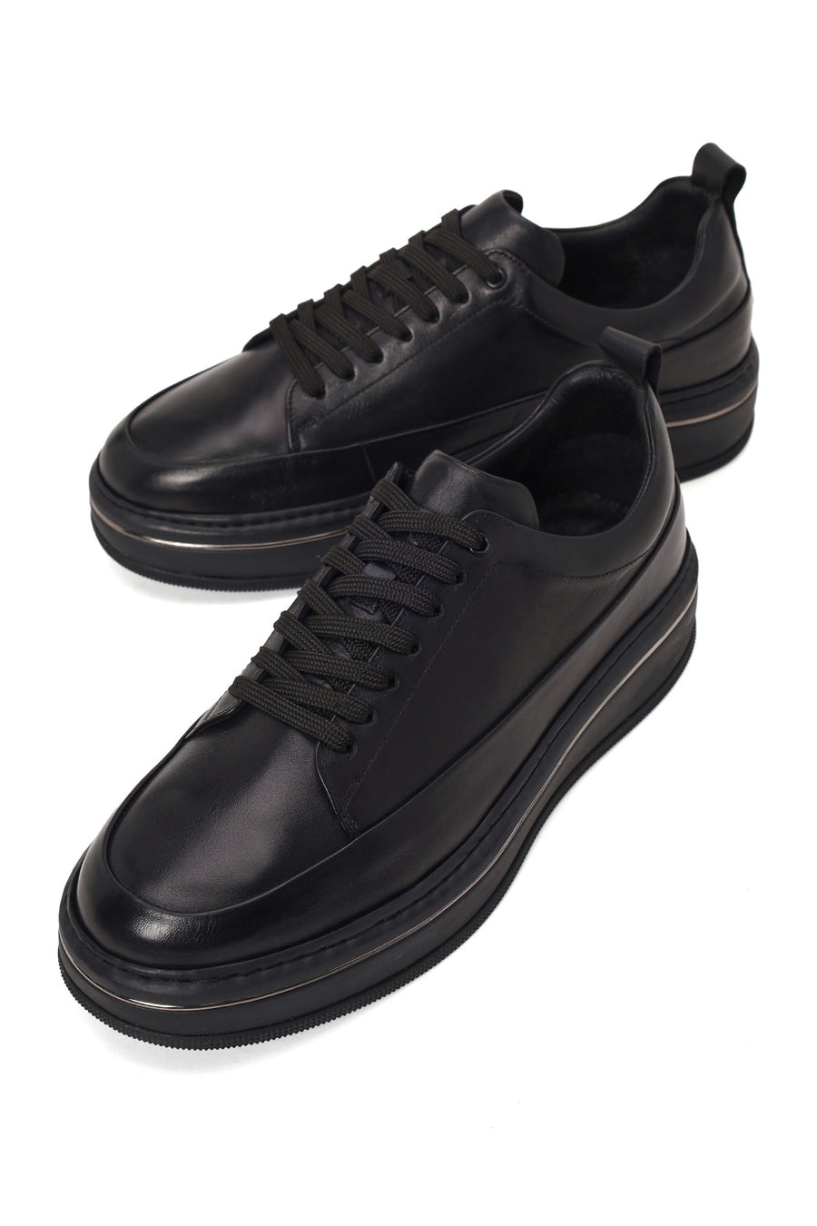 Erkek Siyah Bağcıklı Kalın Tabanlı Deri Sneaker