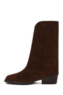 Woman Brown Buckled Short Thick-Heeled Suede Boots | Derimod