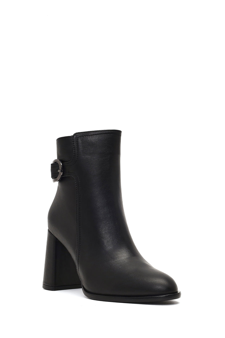 Women's Black Buckled Zippered Thick Heeled Leather Boot