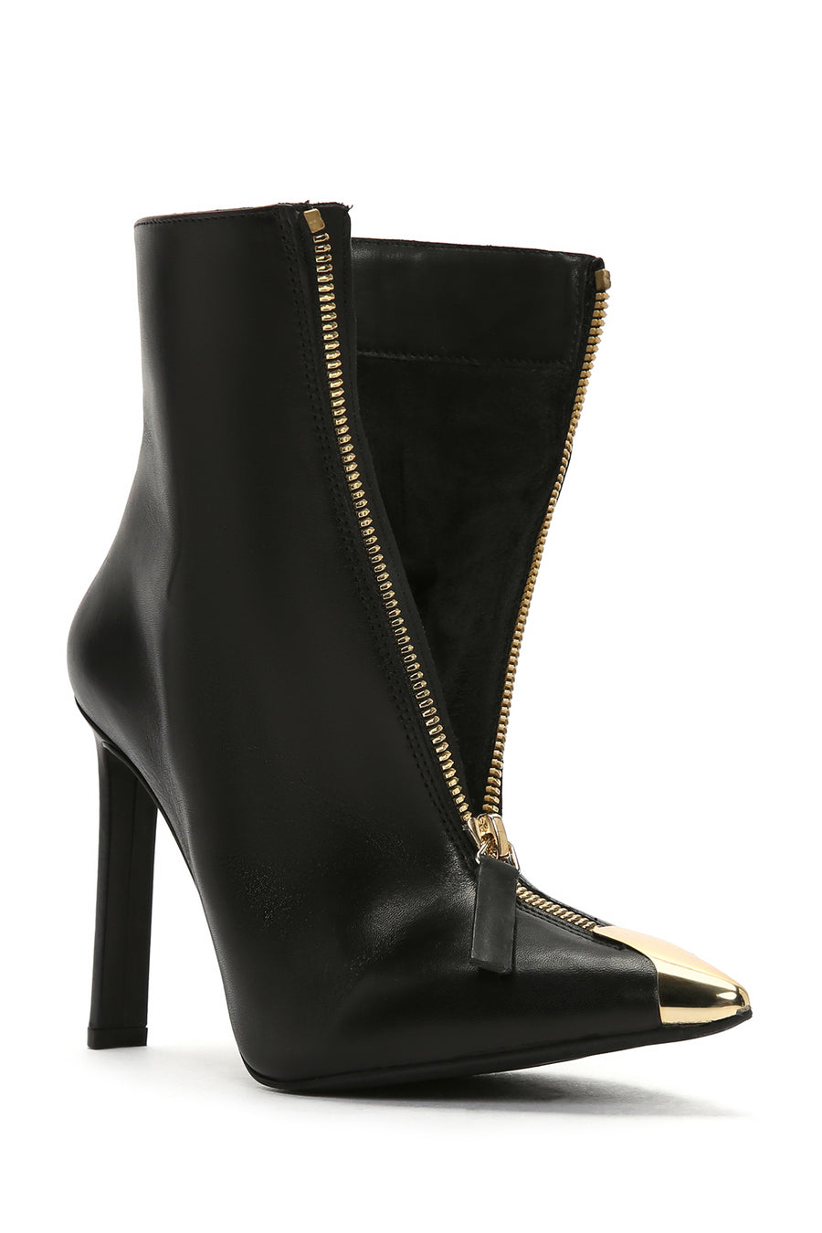 Women's Black Zippered Thin Heeled Leather Boots
