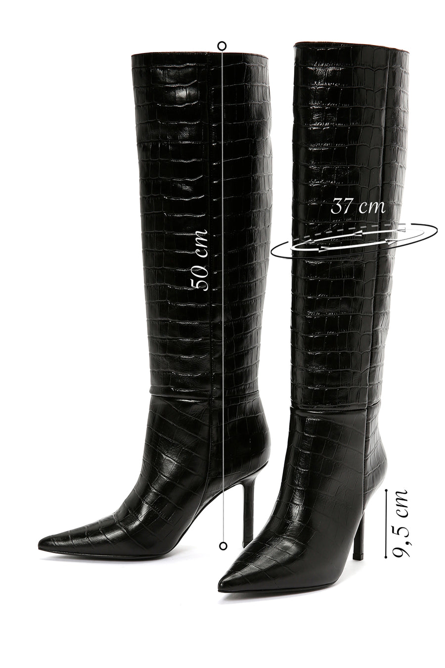 Women's Black Crocodile Patterned Thin Heeled Leather Boots