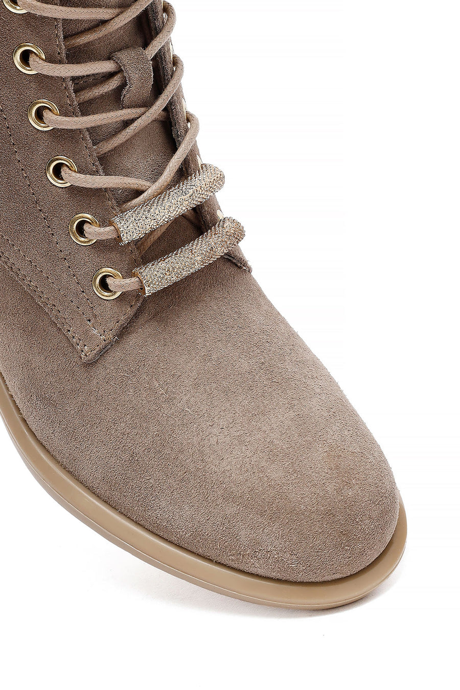 Woman Beige Lace-Up Zippered Suede Leather Boat