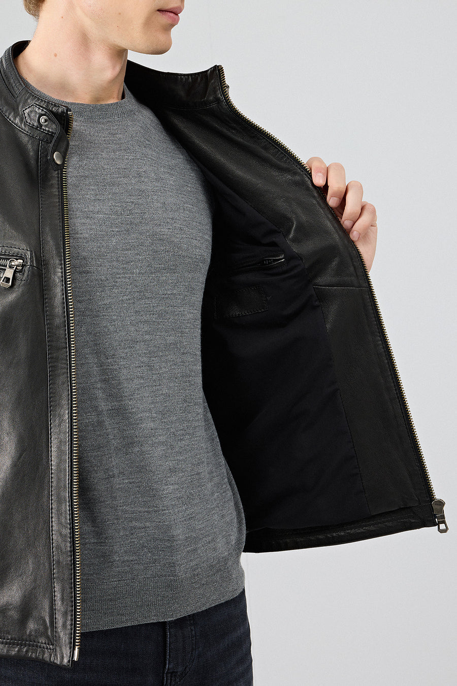 Jefferson Men's Black Stand Collar Slim-Fit Leather Jacket