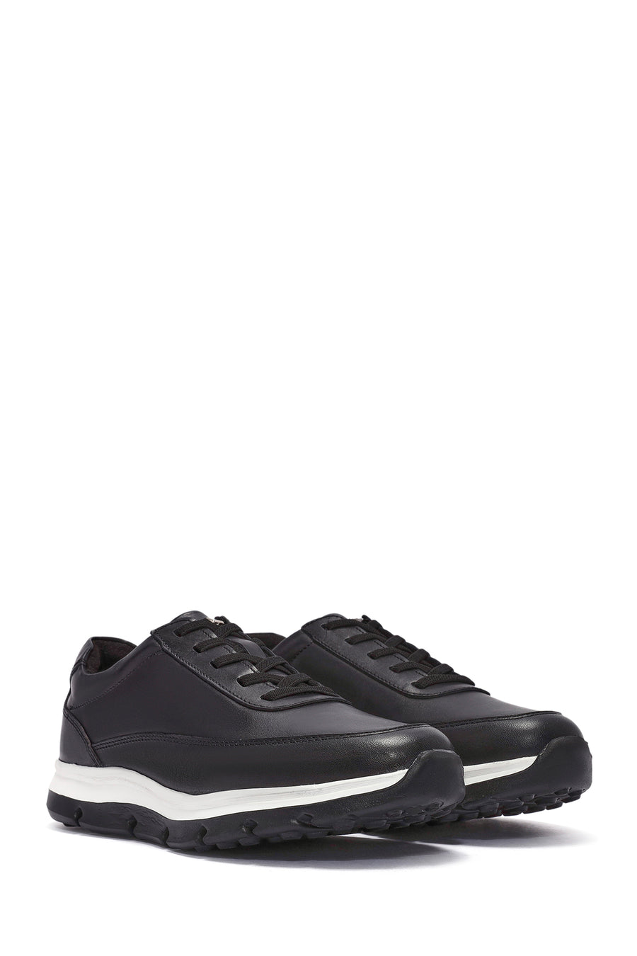 Men's Black Lace-up Thick-Sole Leather Casual Sneaker