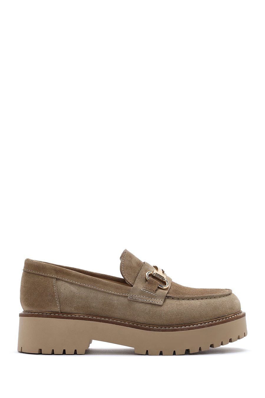 Women's Beige Thick-Soled Accessory Suede Leather Masculine Loafer 25SFD180210 | Derimod