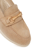 Woman Beige Buckle Wedge-Heel Suede Leather Comfort Loafer | Derimod
