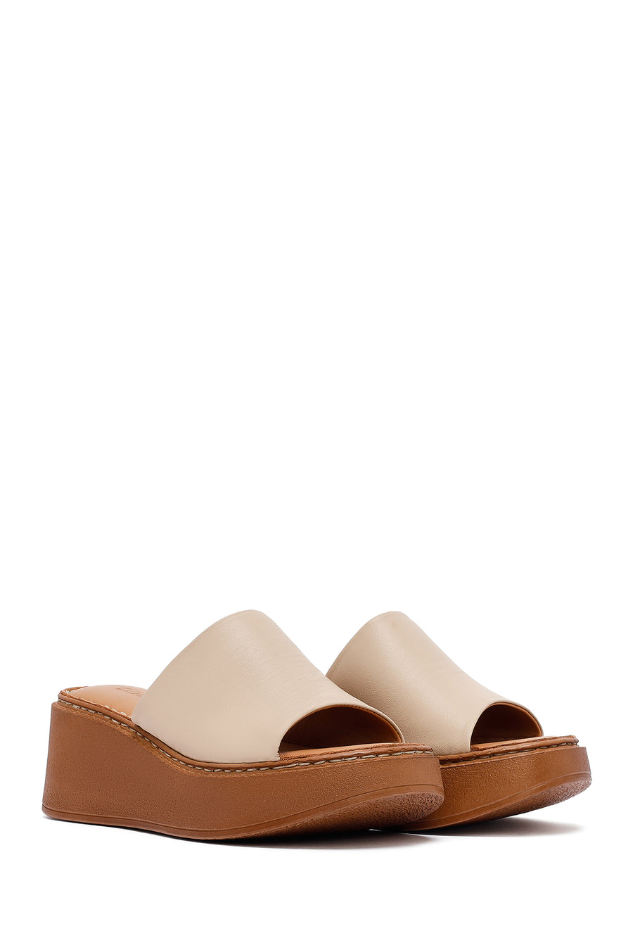 Women's Beige Platform Heel Leather Comfort Slippers