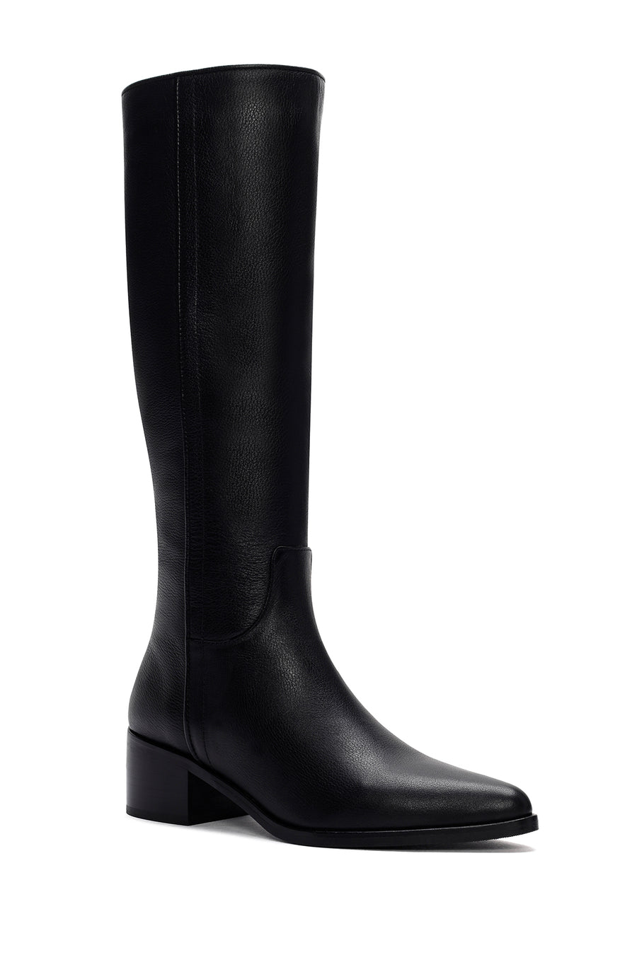 Woman Black Zip Closure Chunky Heeled Leather Boots