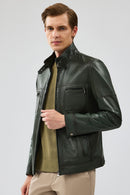 Wade Men's Khaki Slim-Fit Leather Coat | Derimod