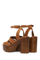 Women's Tan Ankle Buckle Thick High Heel Suede Leather Sandals | Derimod