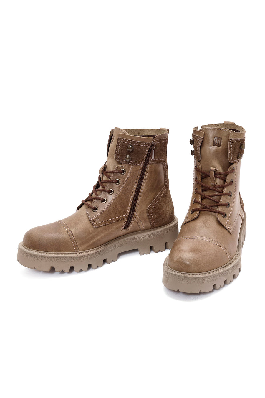 Men's Green Lace-Up Zipper Detailed Leather Casual Boots