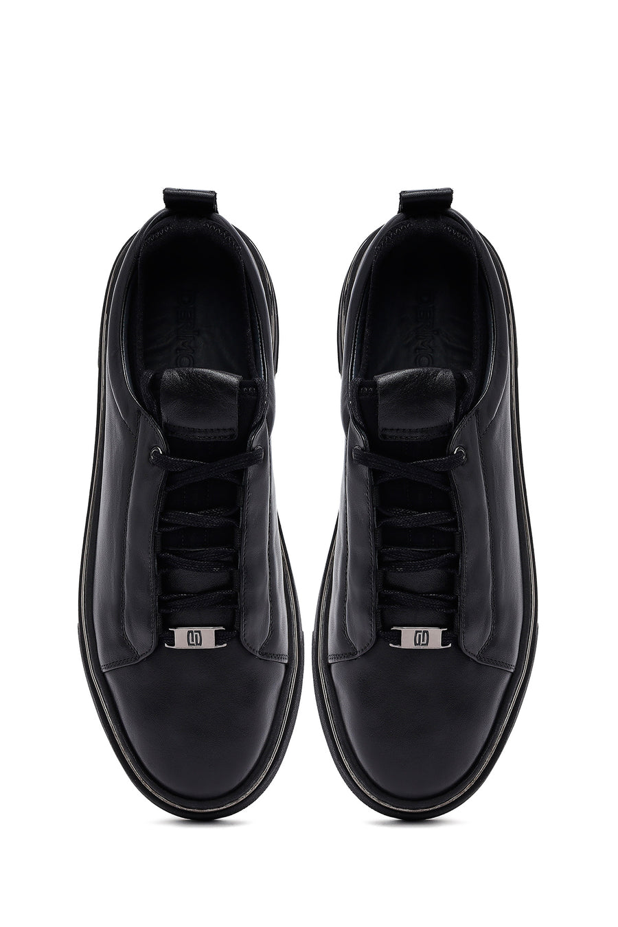 Men's Black Lace-Up Thick Sole Leather Sneakers