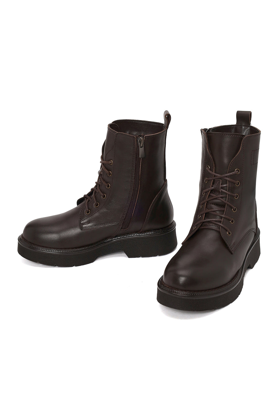 Woman Brown Zip Closure Thick-Soled Leather Combat Boots