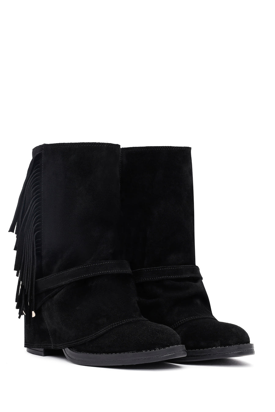 Woman Black Chunky Heel Suede Leather Boat