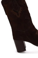 Woman Brown Thick-Heeled Patterned Suede Cowboy Boots | Derimod