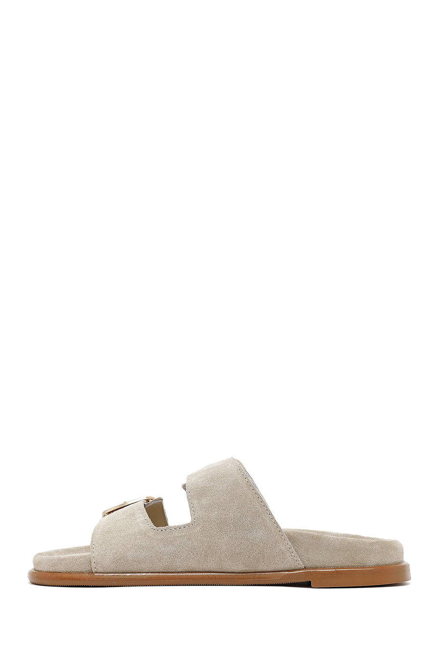 Women's Beige Buckle Suede Leather Slippers