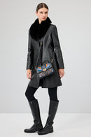 Christina Women's Black Fur Long Leather Coat | Derimod