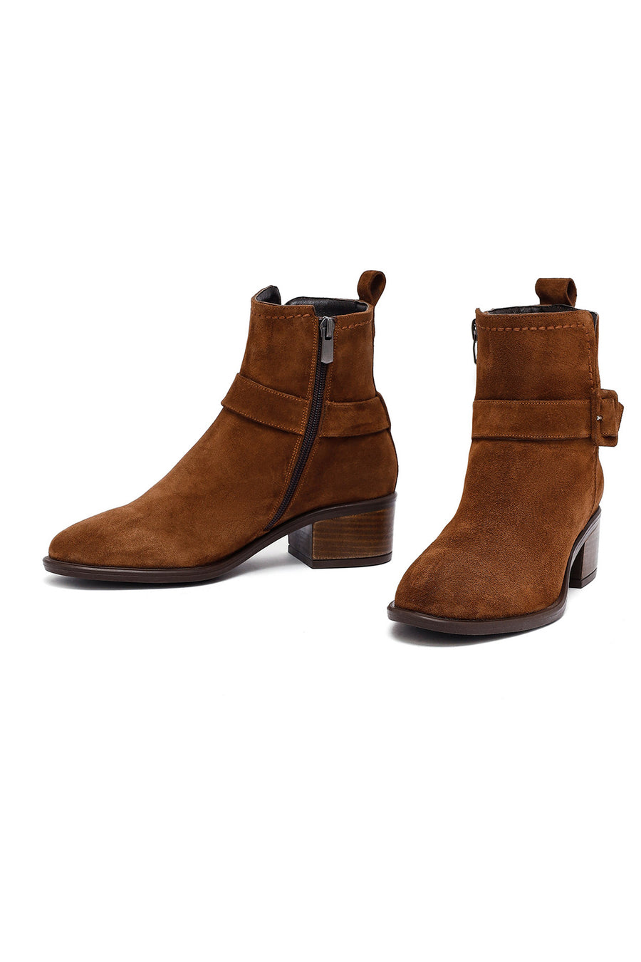 Women's Tan Zippered Short Heel Suede Leather Boot