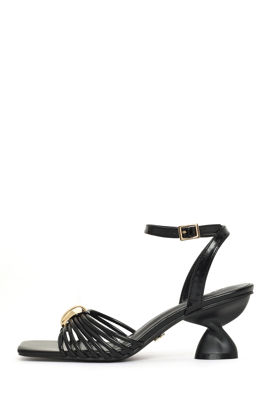 Woman Black Ankle Buckled Chunky Heeled Sandals