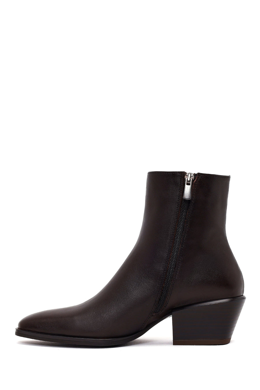Woman Brown Zip Closure Short Thick-Heeled Leather Cowboy Boots