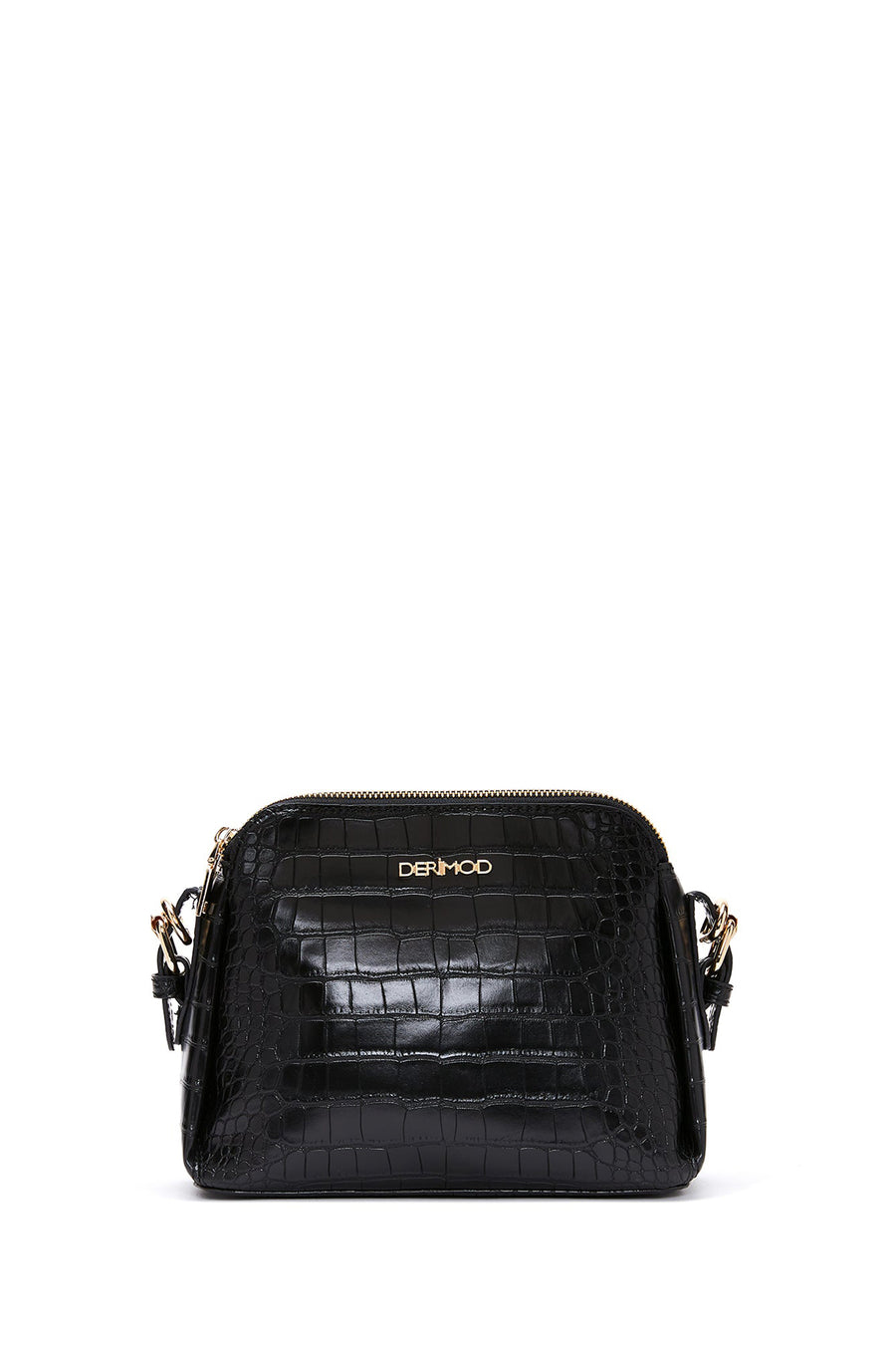 Woman Black Long-Strap Croc-Pattern Crossbody Bag