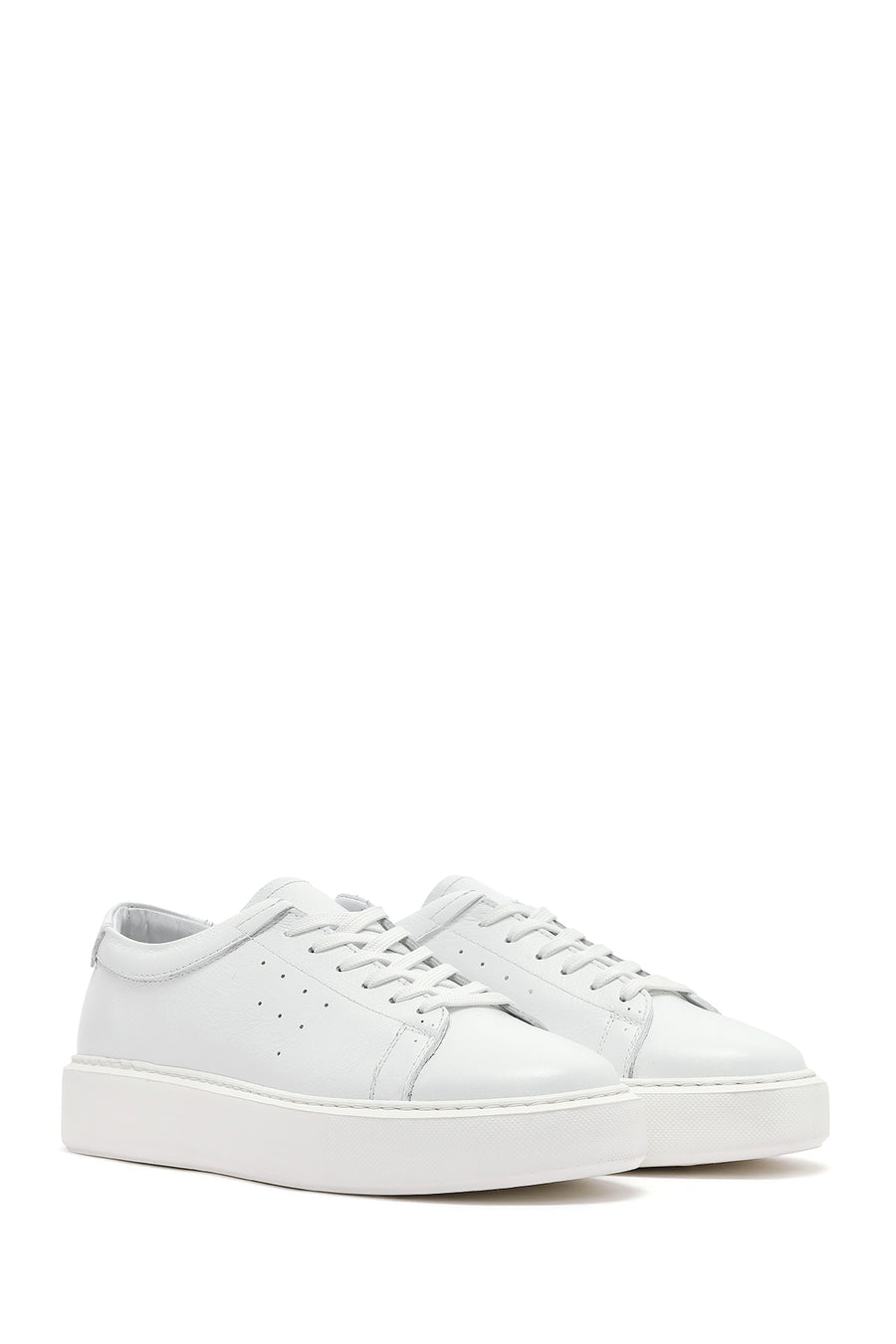 Men's White Lace-up Thick-Sole Leather Sneaker