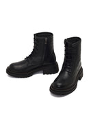 Women's Black Zippered Leather Combat Boot | Derimod
