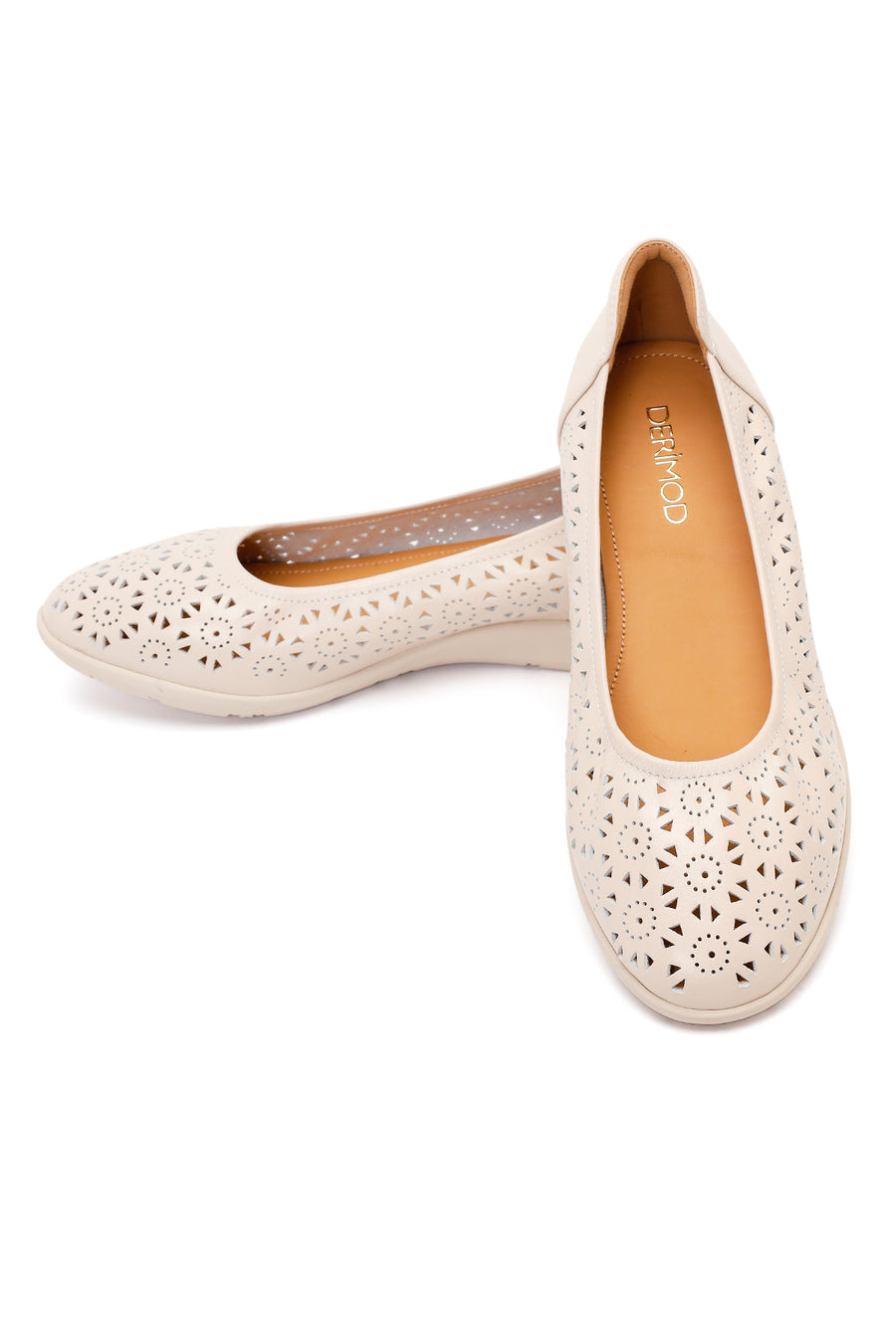 Women's Cream Patterned Leather Ballet Flats
