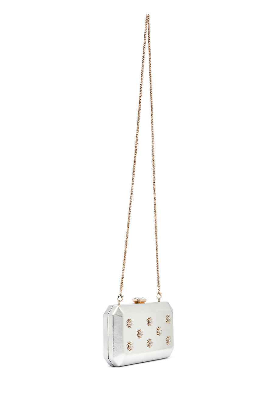 Women's Silver Long Chain Strap Stone Metallic Mini Evening Box Bag
