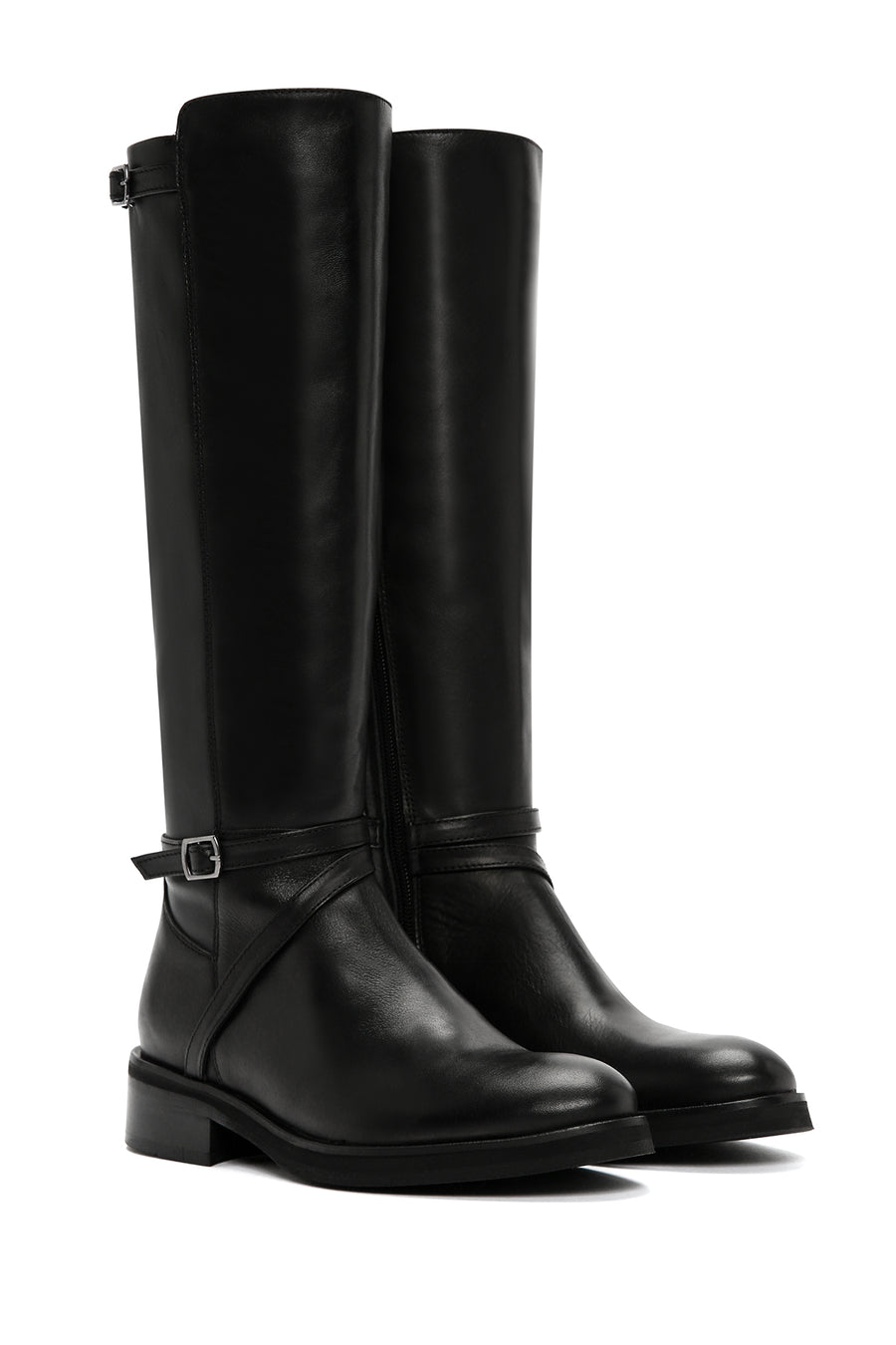 Women's Black Buckle Zippered Leather Boots