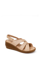 Woman Beige Wedge-Heeled Leather Comfort Sandal | Derimod