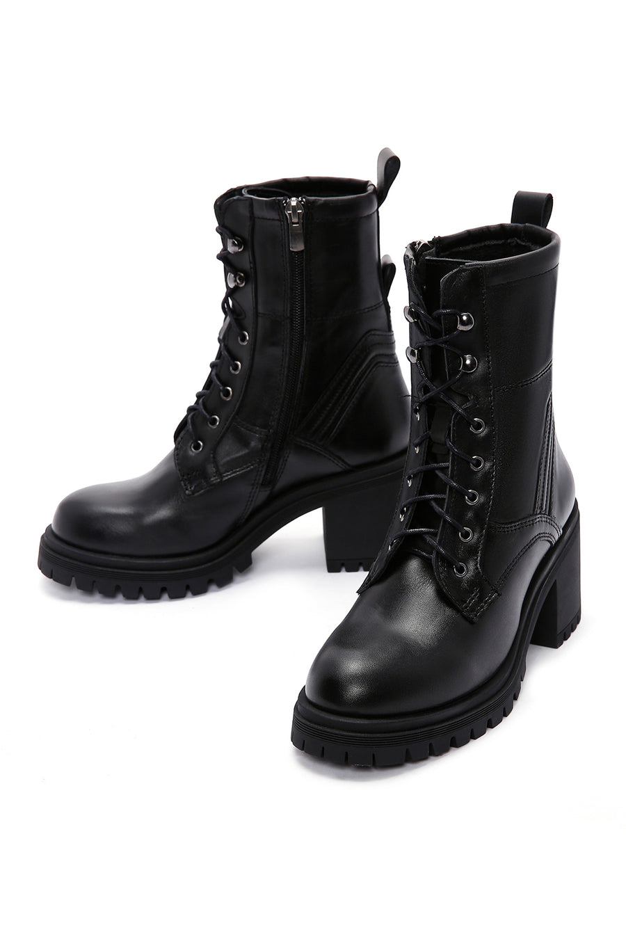 Women's Black Leather Zippered Heeled Boots