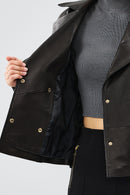 Crystal Women's Black Biker Leather Jacket | Derimod