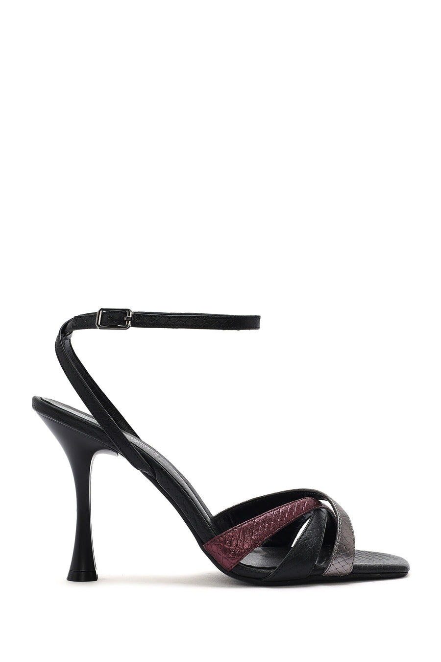Women's Black Ankle Strap Thin High Heel Patterned Leather Sandals 25SFD1613MY | Derimod
