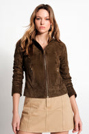 Lara Woman Green Short Suede Leather Jacket | Derimod