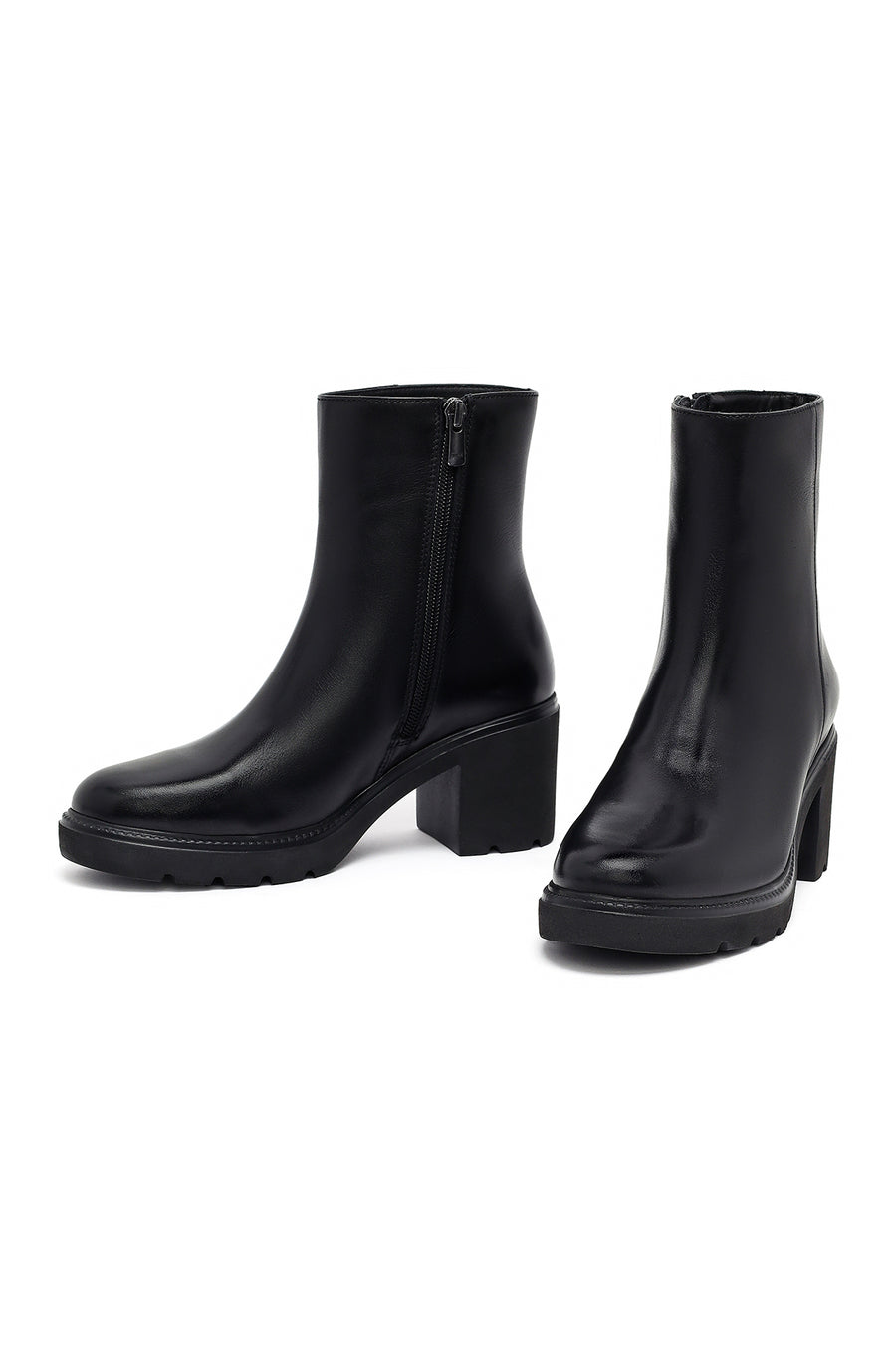 Women's Black Zippered Thick Heeled Leather Boot